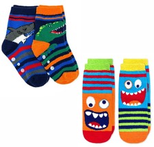 Jefferies Socks Boys Gripper Dinosaur Shark Monster Pattern Slipper Socks 2 Pair - £10.35 GBP