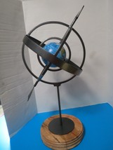 Vintage Metal Armillary Sphere Globe With Arrow Desk Top Wood Base 22.5&quot;T - £39.81 GBP