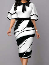 Black and White Ruffle Sleeve Bowtie Bodycon Print Dresses - £62.03 GBP