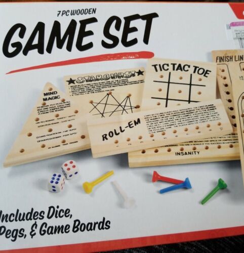 Nifty 7 Piece Wooden Game Set New. - $10.98