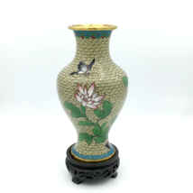 CLOISONNE floral vase 6.75&quot; with carved wood base - multicolor mums &amp; bu... - £23.90 GBP