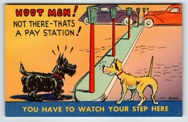 Scottish Terrier Dog Parking Meter Linen Postcard Comical Humor Unposted Vintage - £10.28 GBP