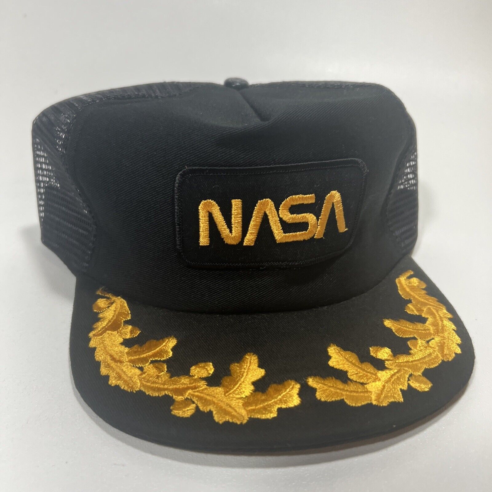 Primary image for Vintage Nos 80s NASA Snapback Trucker Hat Mesh Patch Gold Leaf Embroidered Patch