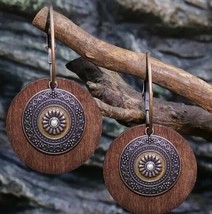 Handcrafted ~ Wood ~ Bronze ~ Alloy ~ Double Pendant ~ 1.25&quot; Dangle Earring - £11.23 GBP