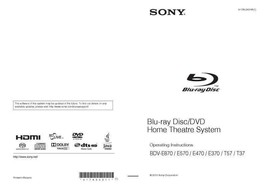 Sony BDV-E870 E570 E470 E370 T57 T37 Blu-Ray Home Theater Owners Manual - $22.24