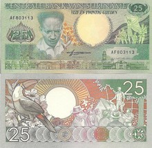 Suriname P132a, 25 Gulden, Anton de Kom, monument / ginger, flowers, crowd UNC - £1.42 GBP