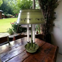 Tole Bouillotte Lamp 3 Vintage Candlesticks Green Metal Shade French Style Table - £85.18 GBP