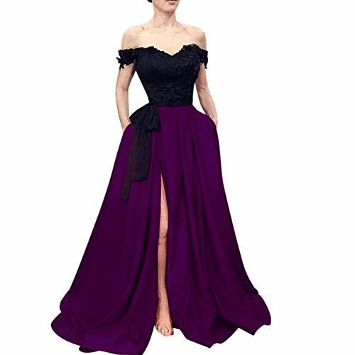 Beaded Off Shoulder Black Top Long Front Slit Evening Prom Dresses Purple US 6