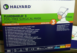 Halyard 48207 ORANGE FluidShield ASTM Level 3 Fog-Free Face Mask  (Box o... - $16.82