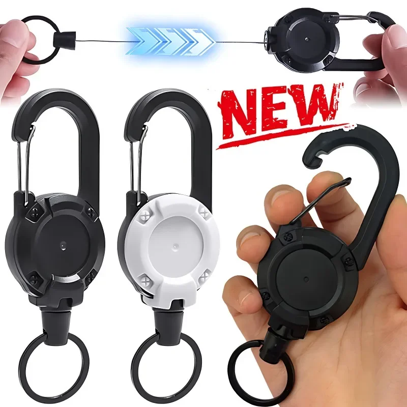 Strong Steel Wire Rope Retractable Pull Reel Carabiner Key Chains Buckle Spring - £9.03 GBP+