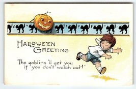 Halloween Postcard Row Of Black Cats JOL Boy Running Pumpkin NYCE Series 298 - £34.28 GBP