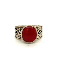 Vintage Sterling Signed 925 Silpada Carved Filigree Round Coral Stone Ring sz 5 - £35.61 GBP