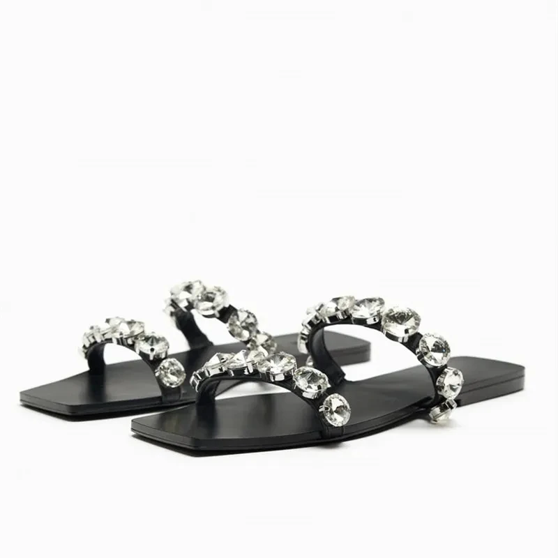 TRAF  Black Flat Leather Sandals For Women 2024  Rhinestone Straps Slippers Woma - £66.36 GBP