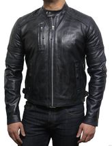 Men&#39;s Genuine Lambskin Leather Jacket Black Slim fit Motorcycle jacket - MJ060 - £80.07 GBP+