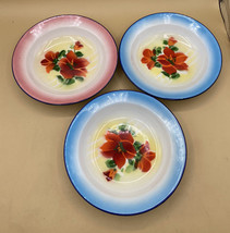 Gold Fish Brand Enamel 8” Plates Blue Pink and Red Flowers LOT 3 - £15.41 GBP