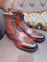 Handmade Men Brown Leather Round Toe Wingtip Lace up Leather Ankle Boots for Men - $148.49