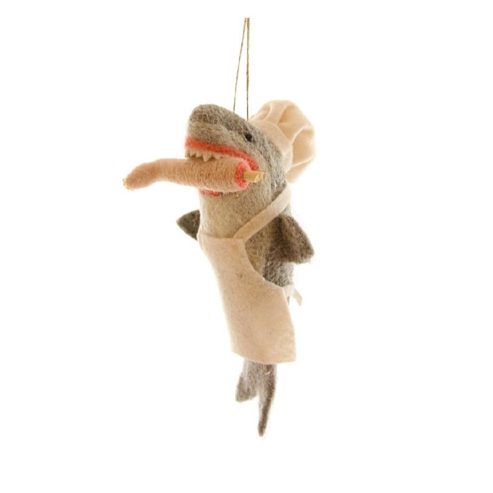 BON APPETIT SHARK ORNAMENT 6&quot; Large Felt Stuffed Funny Eating Leg Christ... - $22.95