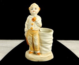 Bisque Porcelain Figurine Match Holder, Costumed Clown Boy, Pale Orange &amp; White - £19.31 GBP