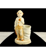 Bisque Porcelain Figurine Match Holder, Costumed Clown Boy, Pale Orange ... - $33.33 CAD