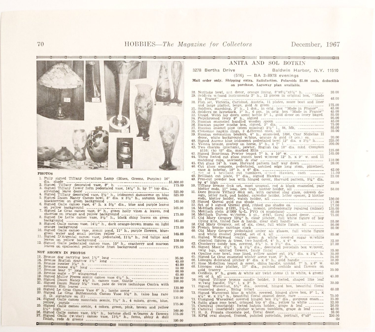 1967 Anita And Sol Botkin Antiques Advertisement Baldwin Harbor NY DWUU6 Item image 2