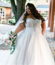 Plus size White Tulle Wedding Dress Off the Shoulder Pleated Beaded Brid... - £153.02 GBP
