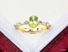 cluster peridot Yellow Gold Ring, 5x7mm natural Peridot Sterling Silver Ring, - £25.06 GBP
