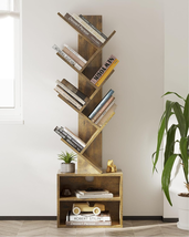 6 Tier Tree Bookshelf with Storage Cabinet, Rustic Brown - £57.87 GBP