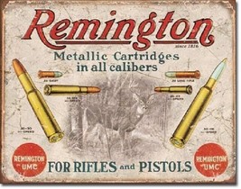Remington For Rifles &amp; Pistols Ammo Distressed Retro Vintage Ad Metal Tin Sign - £12.85 GBP