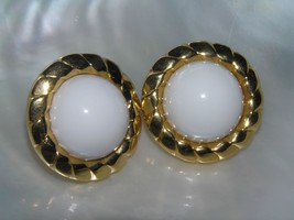 Estate Large White Plastic Dome Cabs in Goldtone Rope Edge Post Earrings for - £6.14 GBP