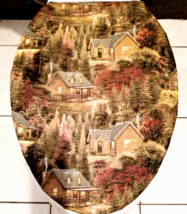 Autumn Cabin Forest  Fall Pines Print Fabric ELONGATED Toilet Seat Lid C... - £9.08 GBP