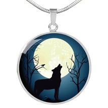 Wolf Circle Necklace Howling At The Moon Night Stainless Steel or 18k Gold 18-22 - £34.34 GBP+