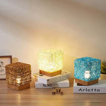 Hand-Knit Dimmable Square LED Desk Lights Wood Rattan Twine USB Charging... - $42.20+