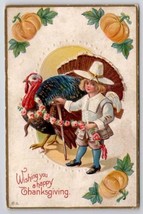 Thanksgiving Greeting Pilgrim Boy With Large Turkey Pumpkin Border Postc... - $7.95