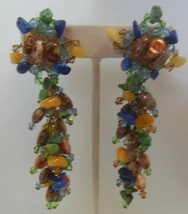 Vintage Long Multi-color Glass Stone/Bead Cluster Chain Clip-on Earrings - $84.15