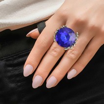 Round Royal Blue Crystal Rhinestone Silver Branch Design Stretch Fashion Ring - £27.55 GBP