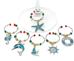 Ocean In the Sea Set of 6 Wine Glass Charms LS Arts Enameled Metal WB084 - £10.99 GBP