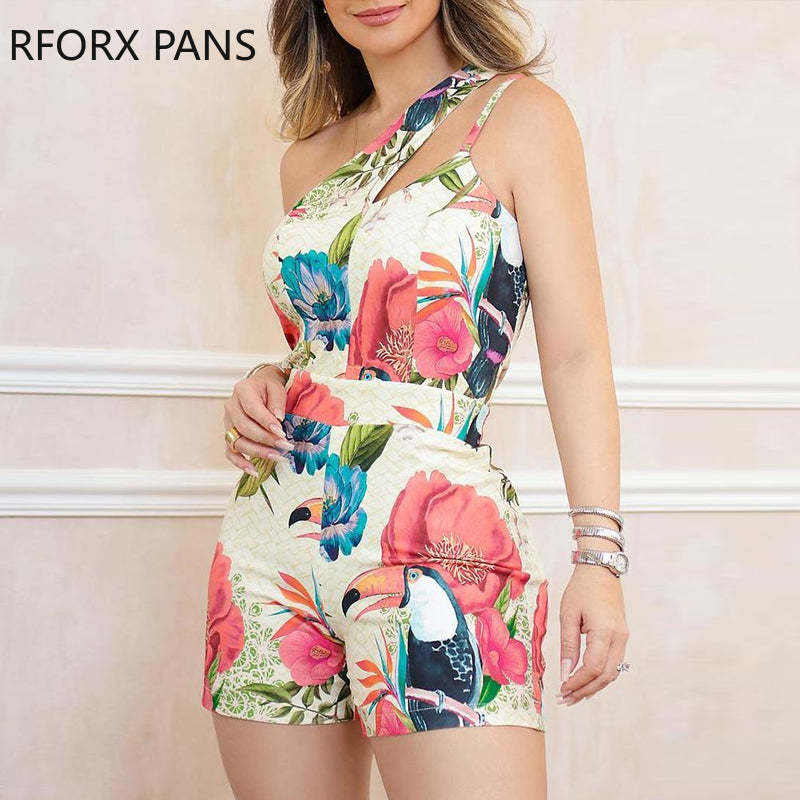One Shoulder Floral Print Casual Romper - $34.95