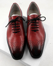 Men&#39;s Shoes Burgundy Color Premium Quality Leather Burnished Brogue Toe Laceup - £101.81 GBP