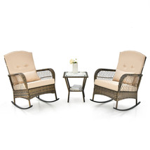 Patio 3Pcs Rocking Wicker Bistro Set 2 Rocker Chairs Tempered Glass Side... - £432.57 GBP