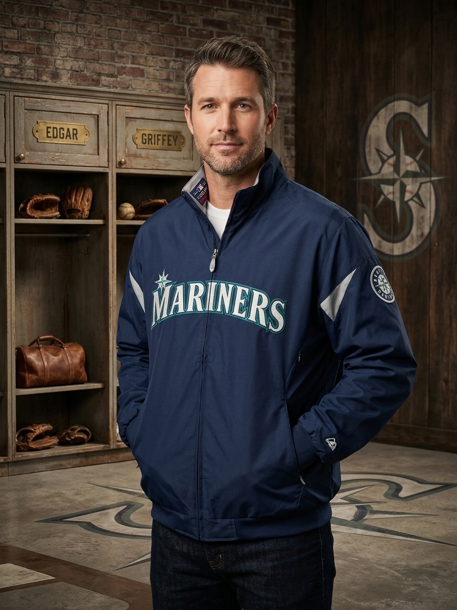 MARINERS （マリナーズ）スタジャン Lサイズ ネイビー/シルバー Seattle Mariners Majestic Therma Base Jacket Mens Large Blue MLB