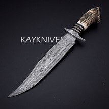 17&quot;Custom Forged Damascus Steel Hunting Survival Camping Bowie Knife stag handle - £154.88 GBP