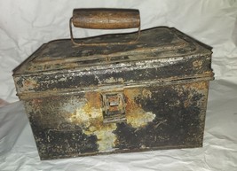 Vintage Antique Black Metal Lunch Box, Work Pail Wood Handle - £25.72 GBP