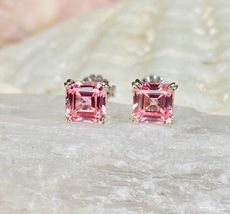 1 Ct Asscher Cut CZ Pink Sapphire Solitaire Stud Earrings 14K White Gold Finish - £39.61 GBP