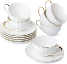 Btat- Tea Cups and Saucers, Set of 6 (7 Oz) with Gold Trim and Gift Box,... - $1,518.97 MXN