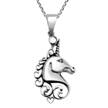 Beautiful Mystical Unicorn Head &amp; Heart Sterling Silver Necklace - £15.81 GBP