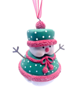 Hallmark Happy Bell Snowman Christmas Ornament 2002 Green Pink Girl Female - $19.53