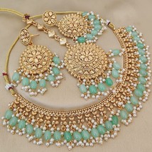 Gold Plated Indian CZ Bollywood Style Necklace Panjabi Light Blue Jewelry Set - £67.24 GBP