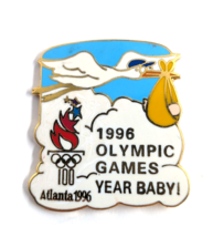 VTG Atlanta 1996 Olympic Games Year Baby! Stork Bird Cloud Enamel Pin Souvenir - £9.70 GBP