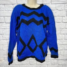 Vintage Jason Maxwell Blue Black Womens Sweater Size L Chevron Diamond 80s 90s - £23.31 GBP