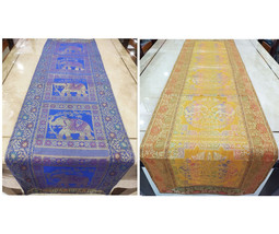 Handmade elephant design Blue gold Silk Table Runner Brocade boho tapest... - $25.73+